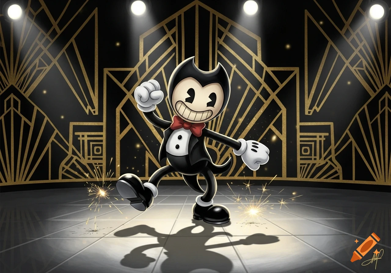 Cartoon character Bendy in a tuxedo dancing on an Art Deco stage with spotlights and sparklers.