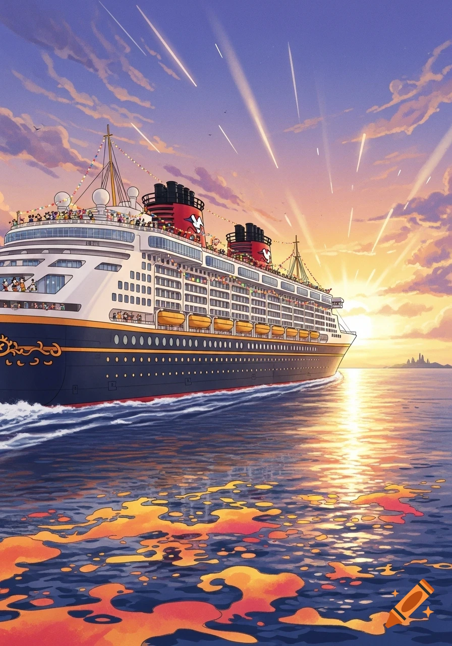 A stylized Disney cruise ship sails on the ocean at sunset, with golden light reflecting.