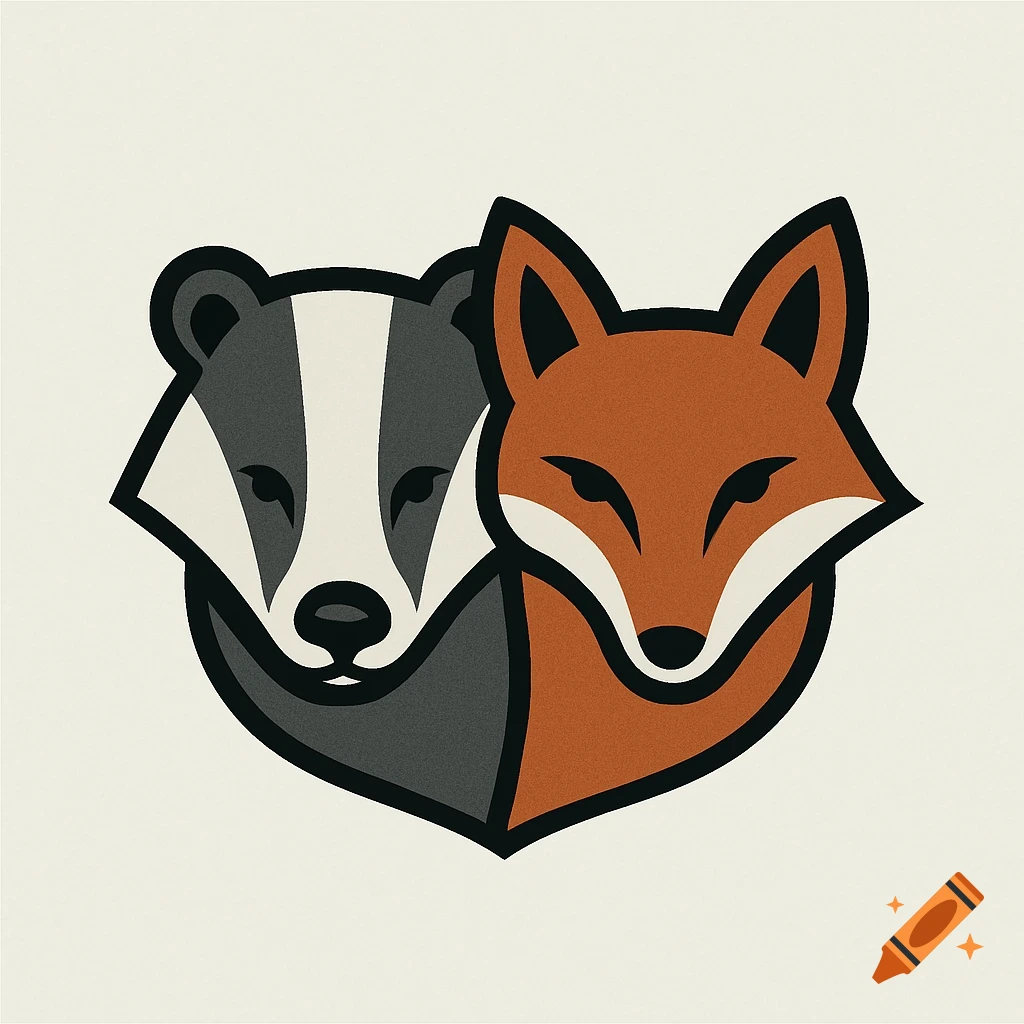 Minimalist logo of a badger's head and a fox's head side by side, outlined in black, on a light background.