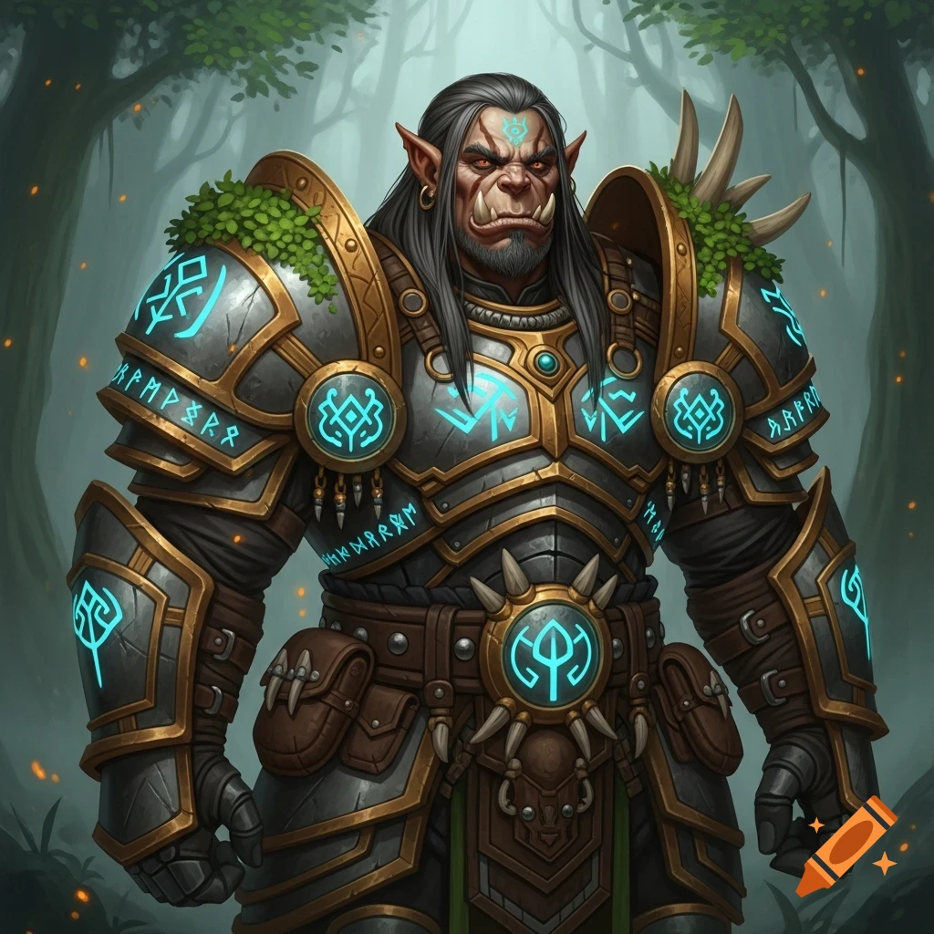 A heavily armored orc cleric with long dark hair stands in a forest, glowing blue runes adorn his armor and forehead.
