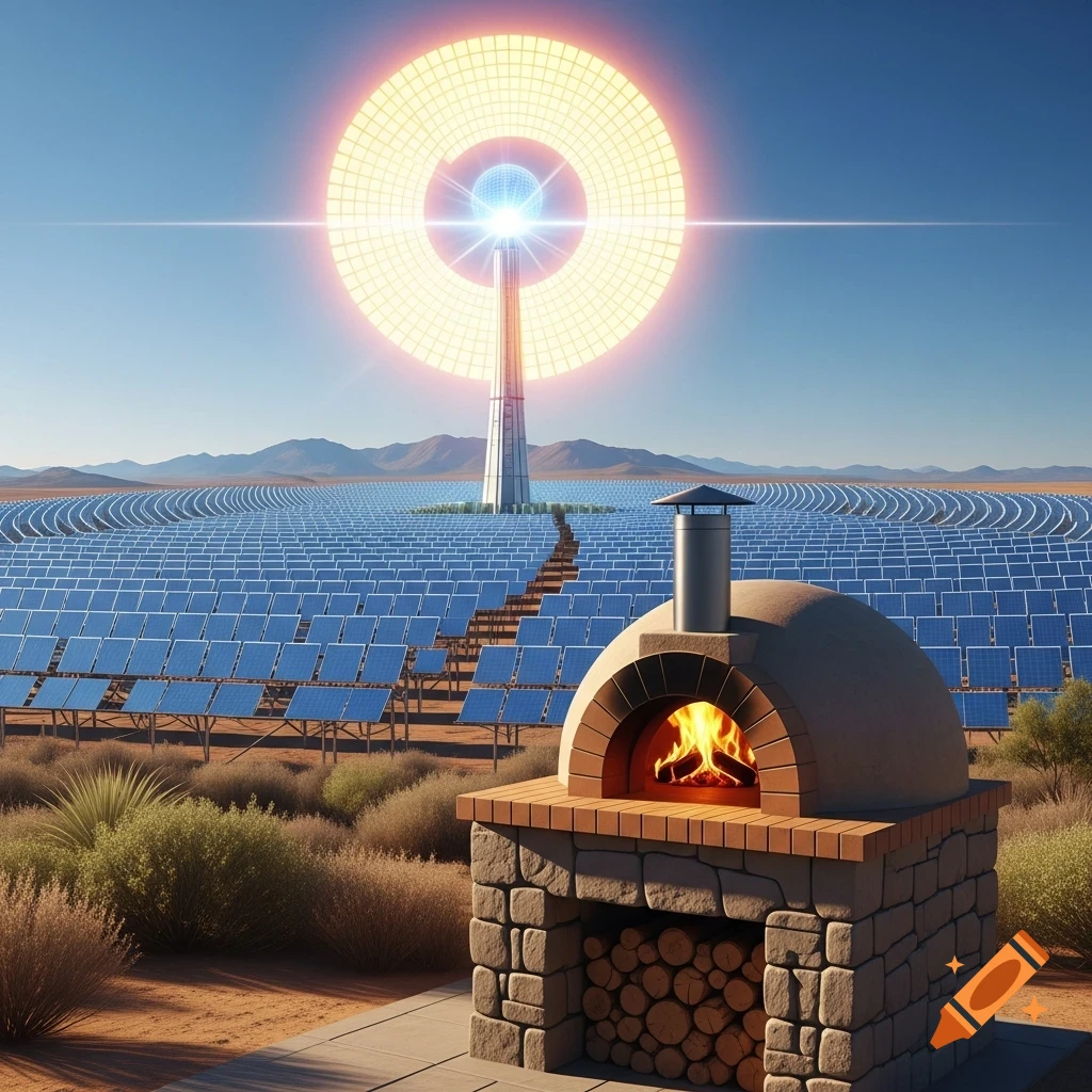 A glowing solar power tower and vast solar panel field in a desert, with a rustic stone pizza oven in the foreground.