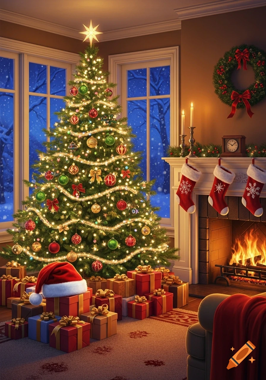 A warmly lit Christmas scene featuring a decorated tree, many wrapped gifts, a fireplace with stockings, and a wreath.