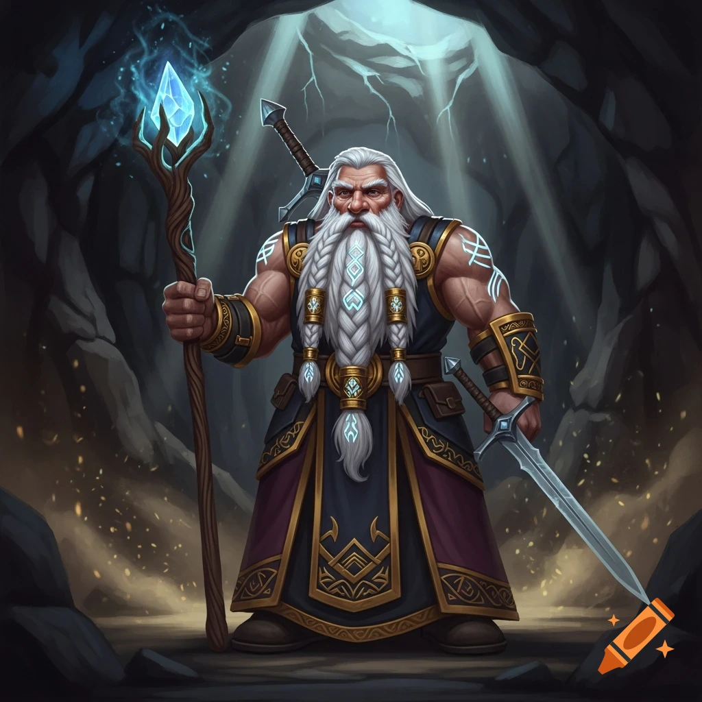 A powerful dwarf mage with a long, braided white beard and glowing arm tattoos, holding a magic scepter and a sword in a dimly lit cave.