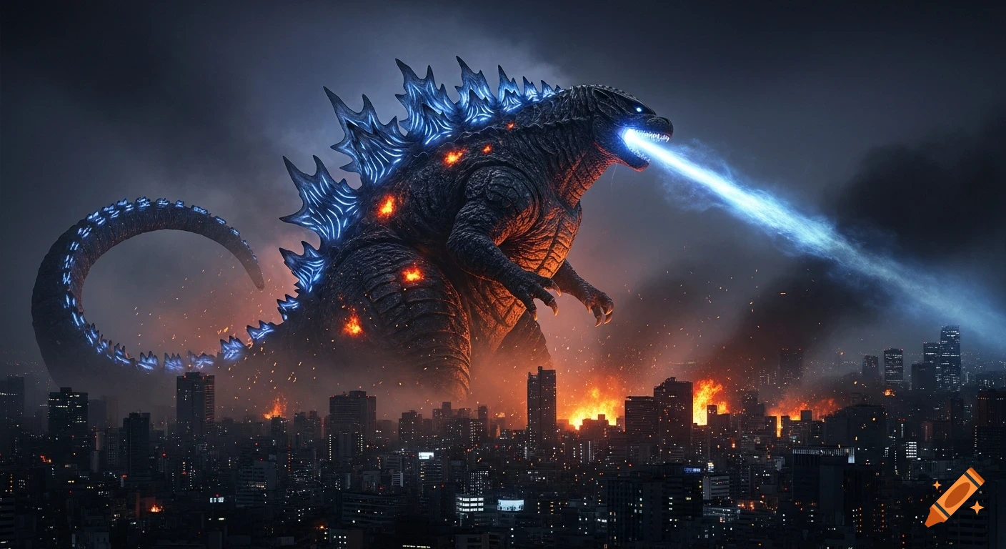 Giant Godzilla, with glowing blue spines and atomic breath, stands over a burning, destroyed city at night in a hyper-realistic style.