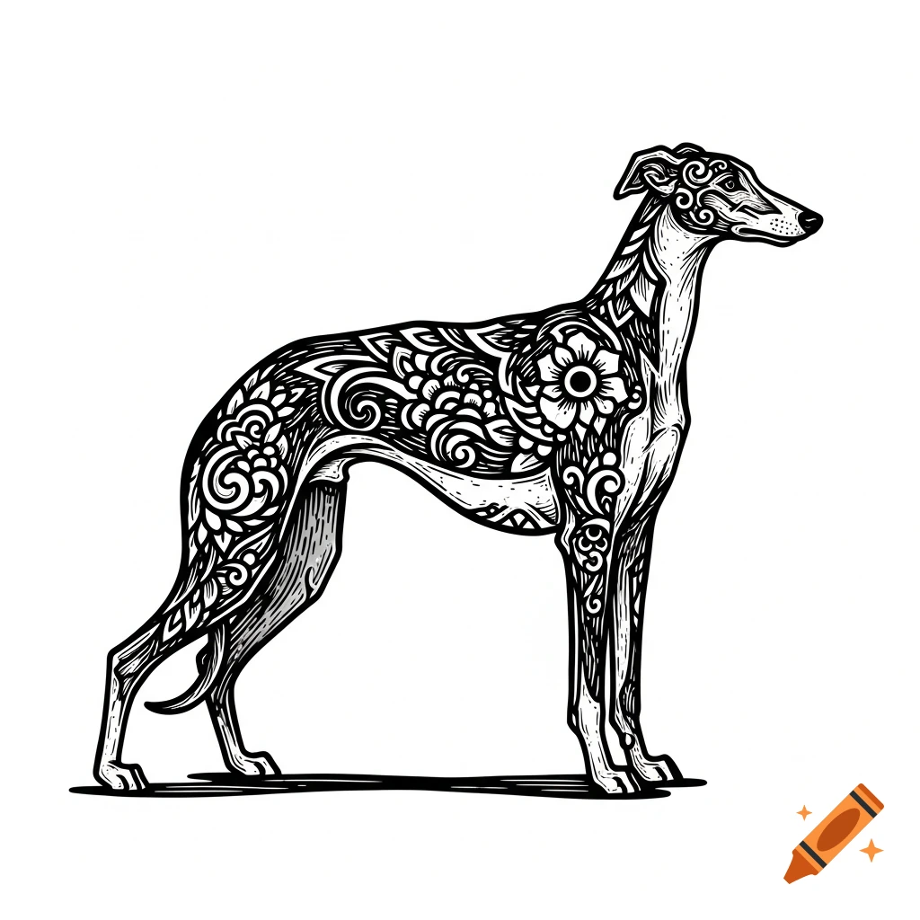 A black and white linocut illustration of a greyhound dog, depicted in a bold, old-school tattoo style with intricate floral patterns on its body.