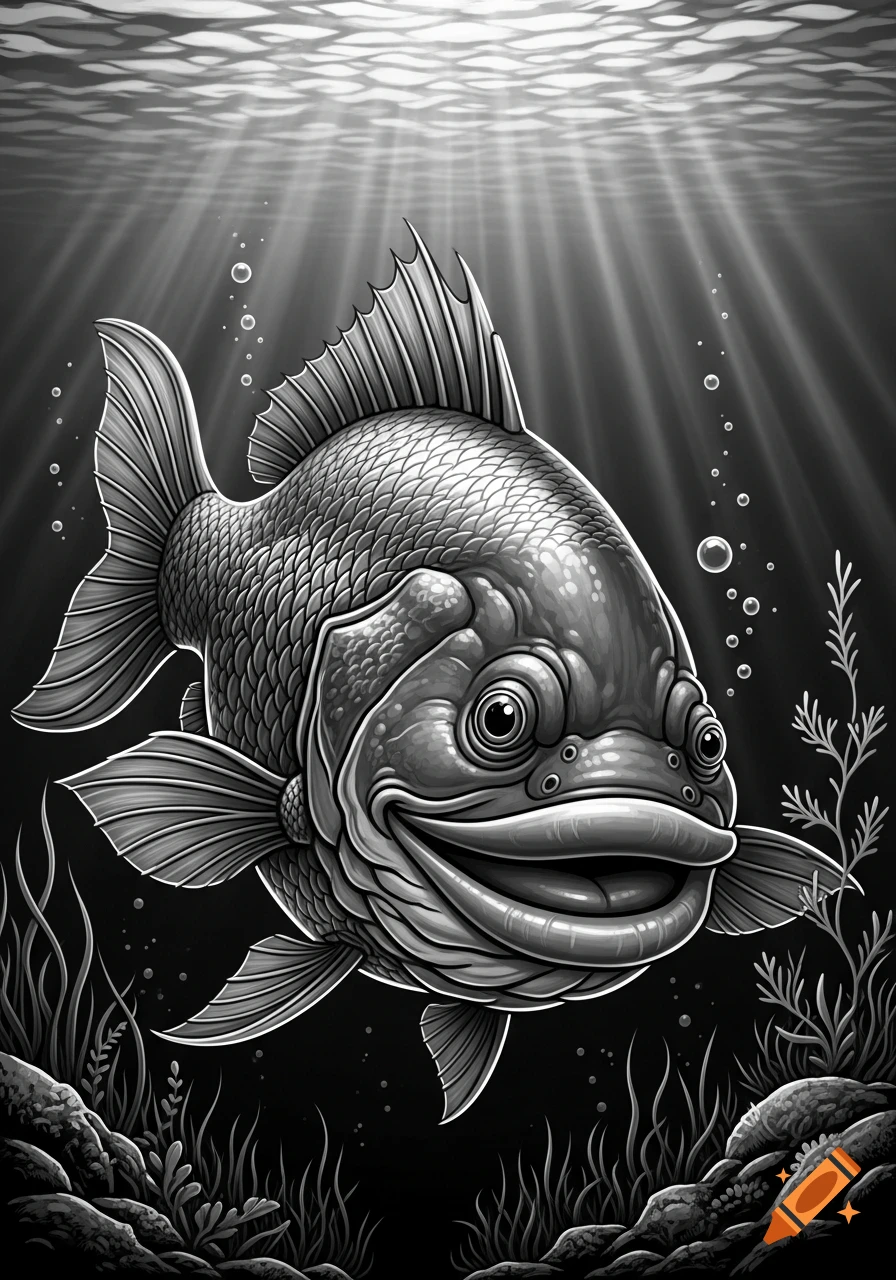 A black and white illustration of a large, smiling fish underwater, with light rays from the surface and aquatic plants.
