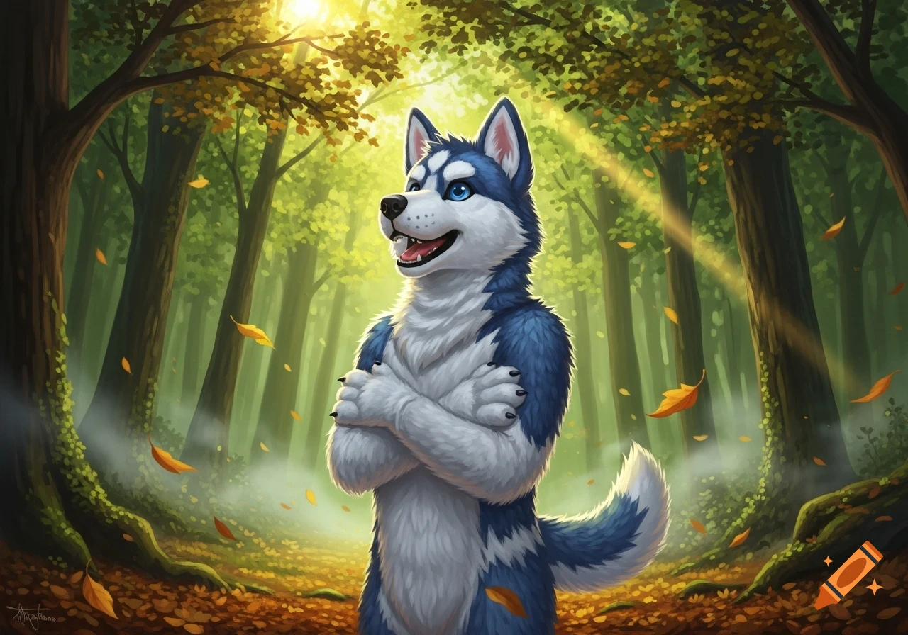 A smiling blue and white husky character with crossed arms stands in a sun-dappled autumn forest with falling leaves, digital illustration.