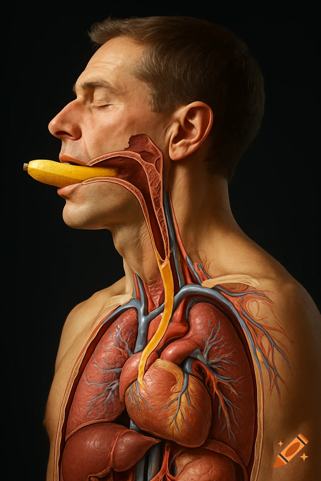 Realistic anatomical cutaway of a man's upper body in side view, showing a banana being swallowed into the esophagus, with visible heart and lungs.