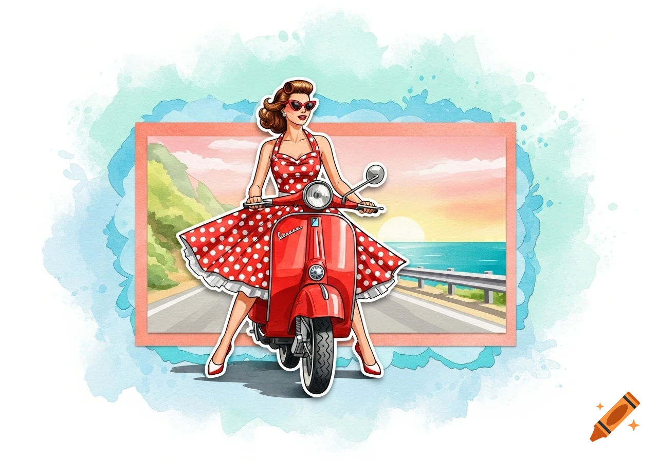 Retro illustration of a woman in a red polka dot dress on a red Vespa scooter, driving on a coastal road at sunset, with a watercolor background.