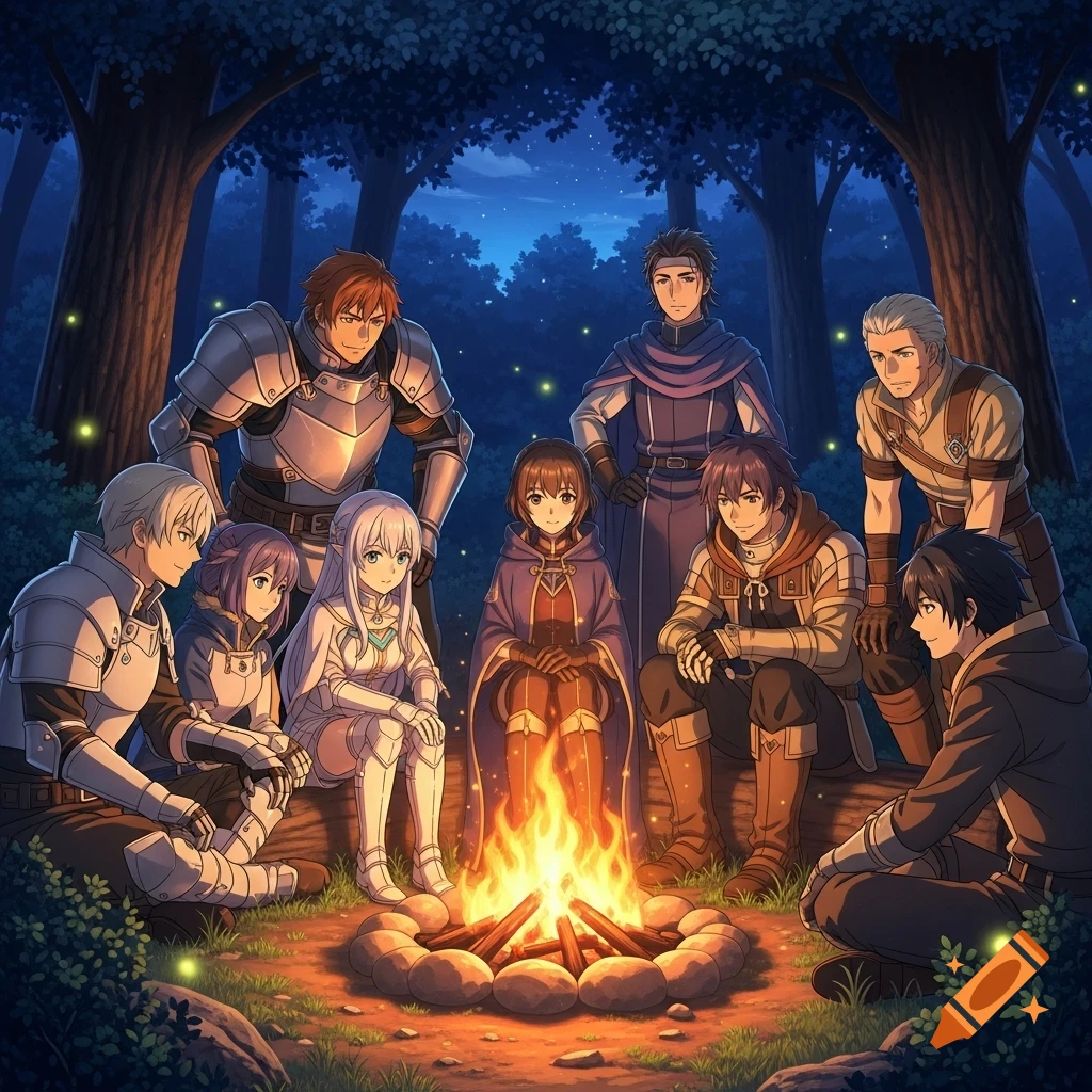 Anime-style heroes in various armor and cloaks gather around a bright campfire in a dark forest at night, with fireflies twinkling.