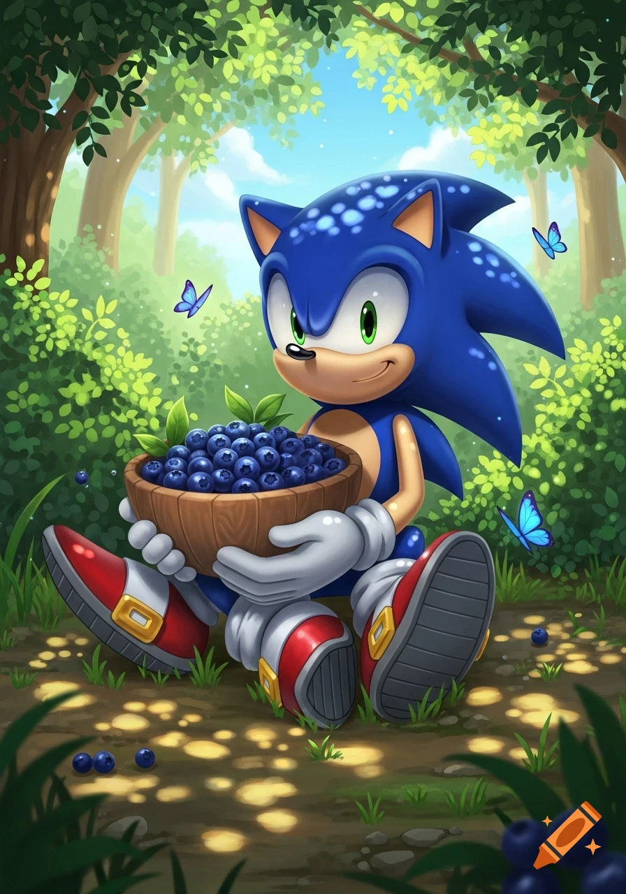 Sonic the Hedgehog sits in a vibrant forest, smiling while holding a bowl of blueberries, with blue butterflies fluttering around.