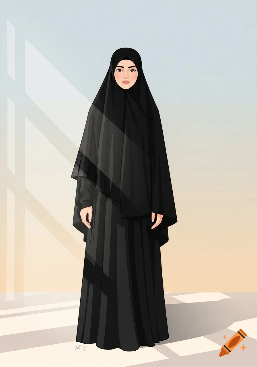 Digital illustration of a modest woman in a black chador, standing calmly against a serene pastel background with light patterns.