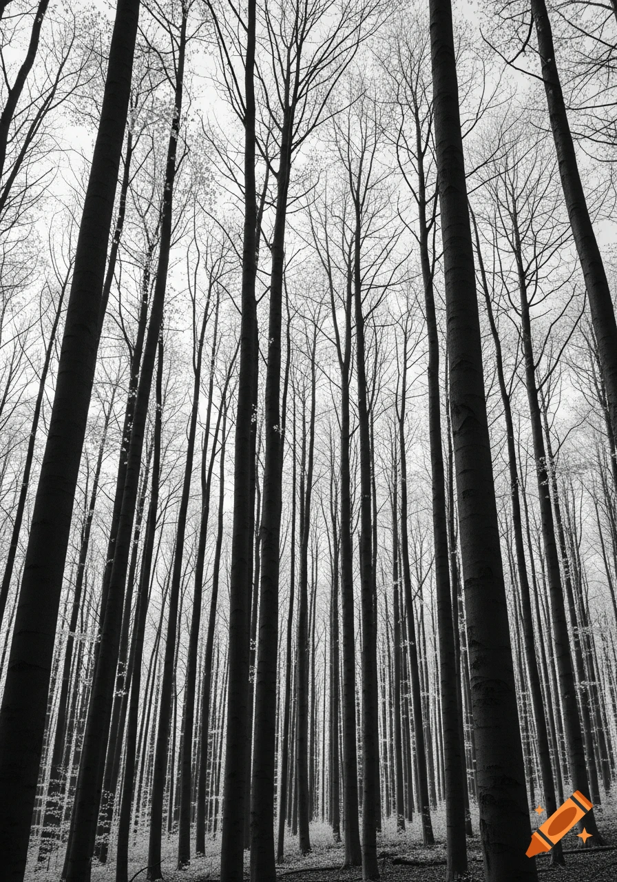 Low-angle black and white shot of tall, bare trees in a dense forest against a light sky.