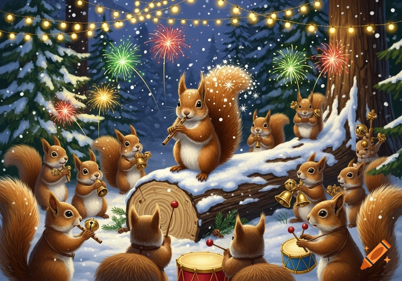 Cute squirrels play instruments in a snowy forest with festive lights ...