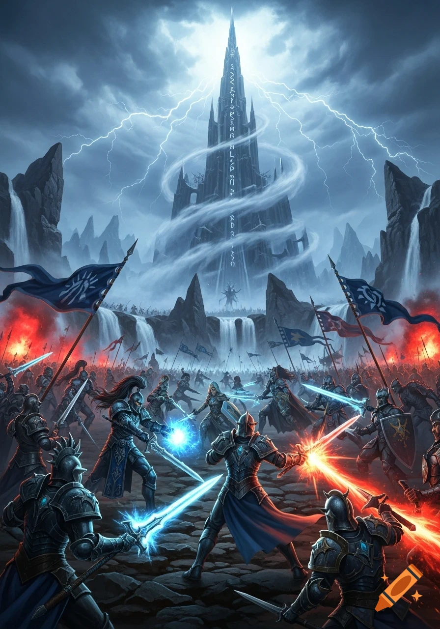 A dark fantasy illustration of a massive battle between armored knights wielding glowing swords at the base of a tall, dark, glowing spire under a stormy, lightning-filled sky.