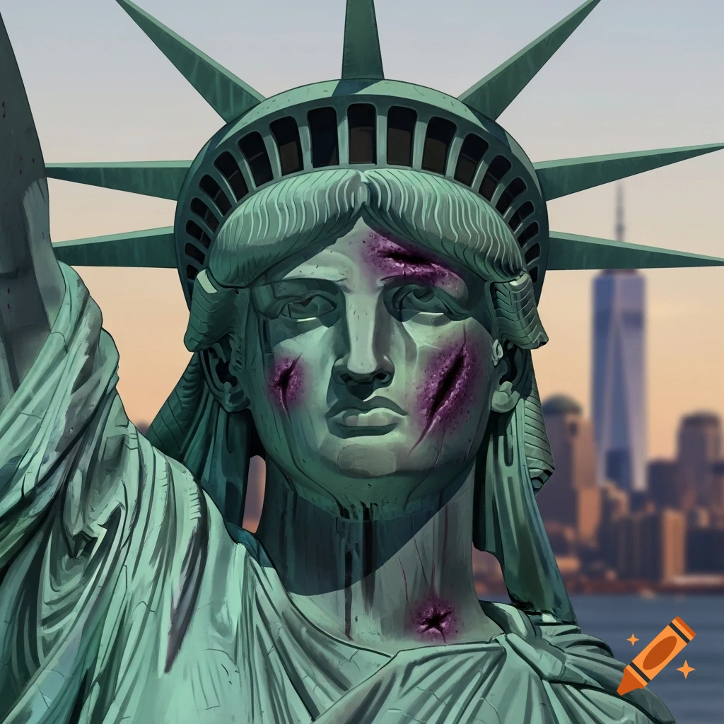 Close-up illustration of the Statue of Liberty's face with purple bruises and cuts, against a blurry New York City skyline.