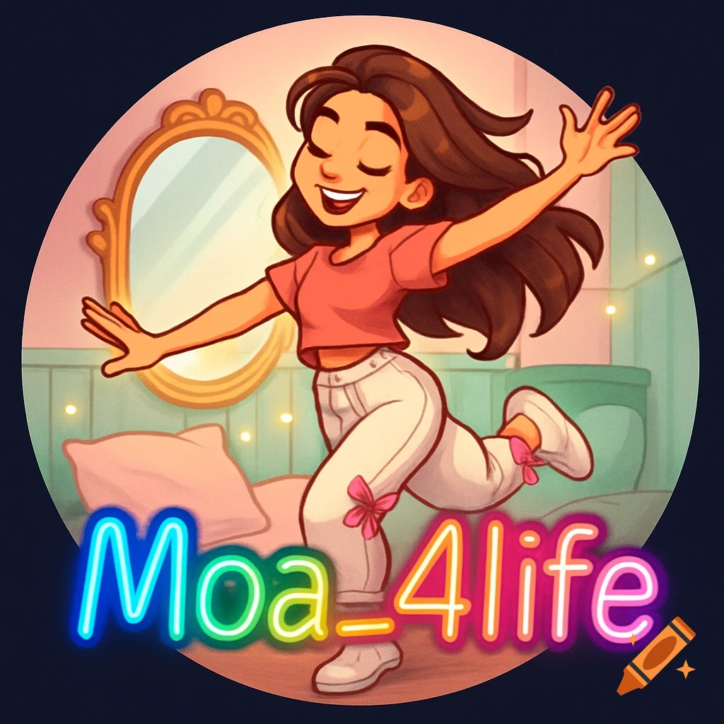 A cute cartoon girl with brown hair in white pants dances joyfully in a room with a mirror and a bed. Neon text 'Moa_4life' glows at the bottom.