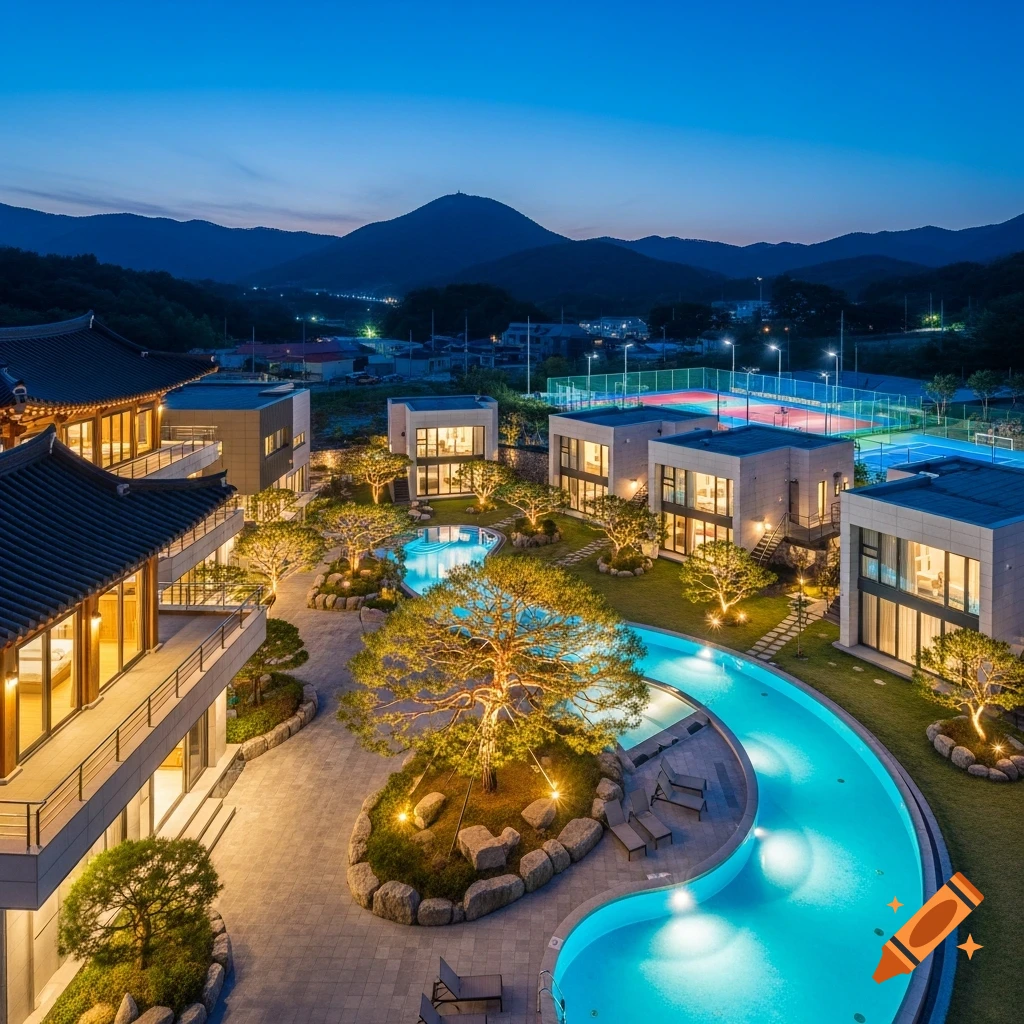 Photorealistic bird's-eye view of a luxury resort at twilight, featuring modern villas, a winding pool, a traditional Korean building, and mountains.