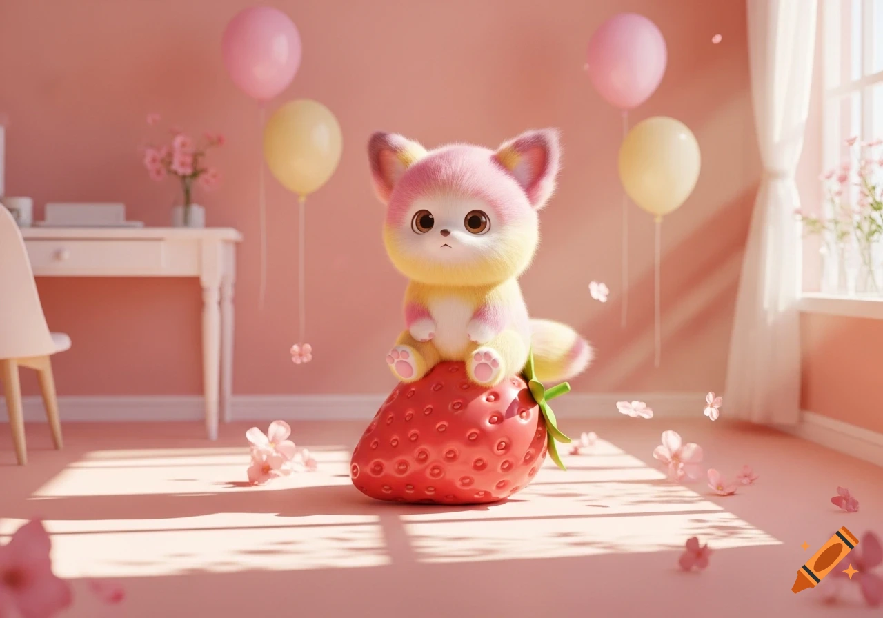 A cute pink and yellow fluffy Labubu-like creature sits on a giant red strawberry in a pastel pink room.