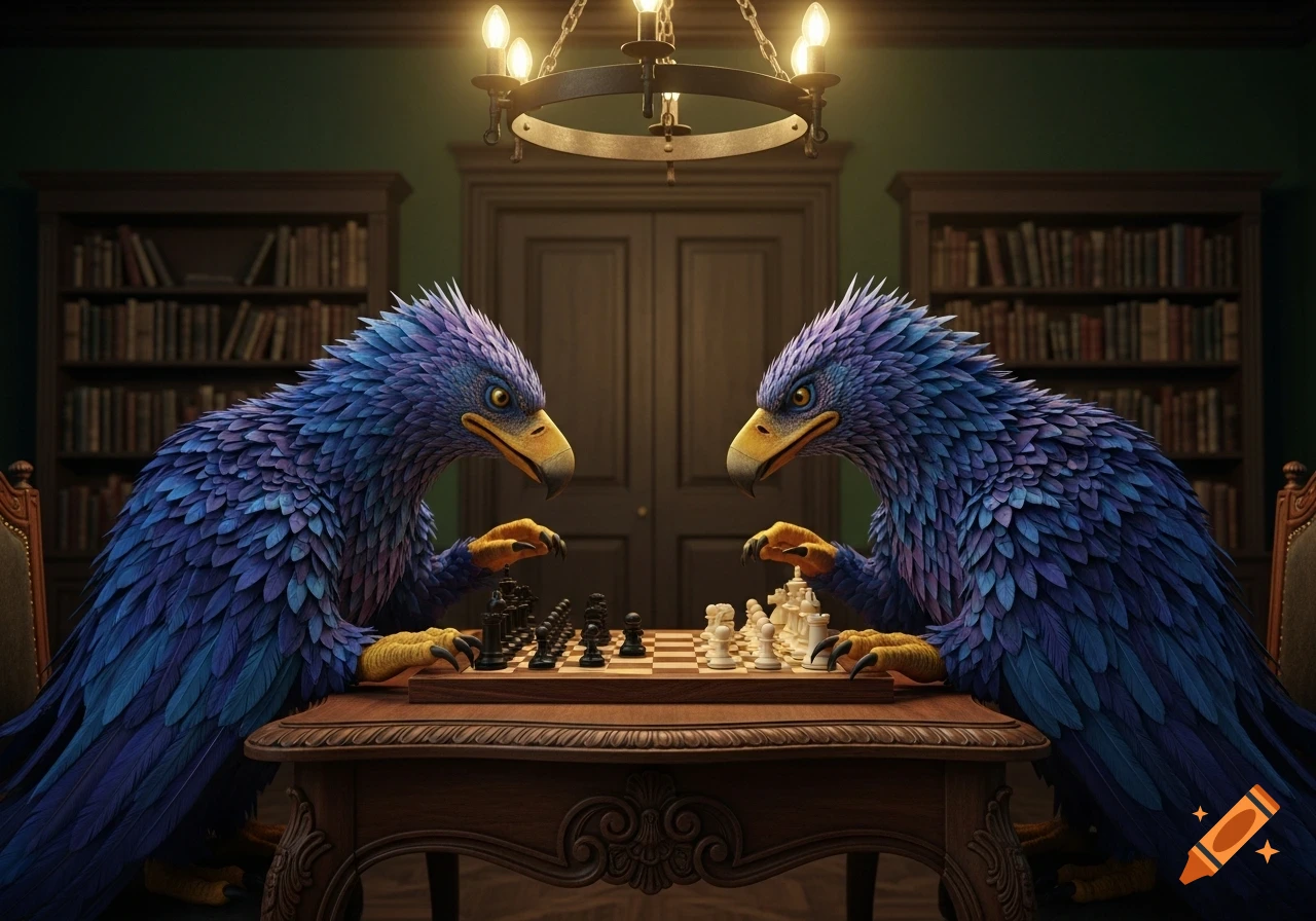 Two blue and purple thunderbird puppets play chess on a wooden table in a dimly lit library. Photorealistic style.