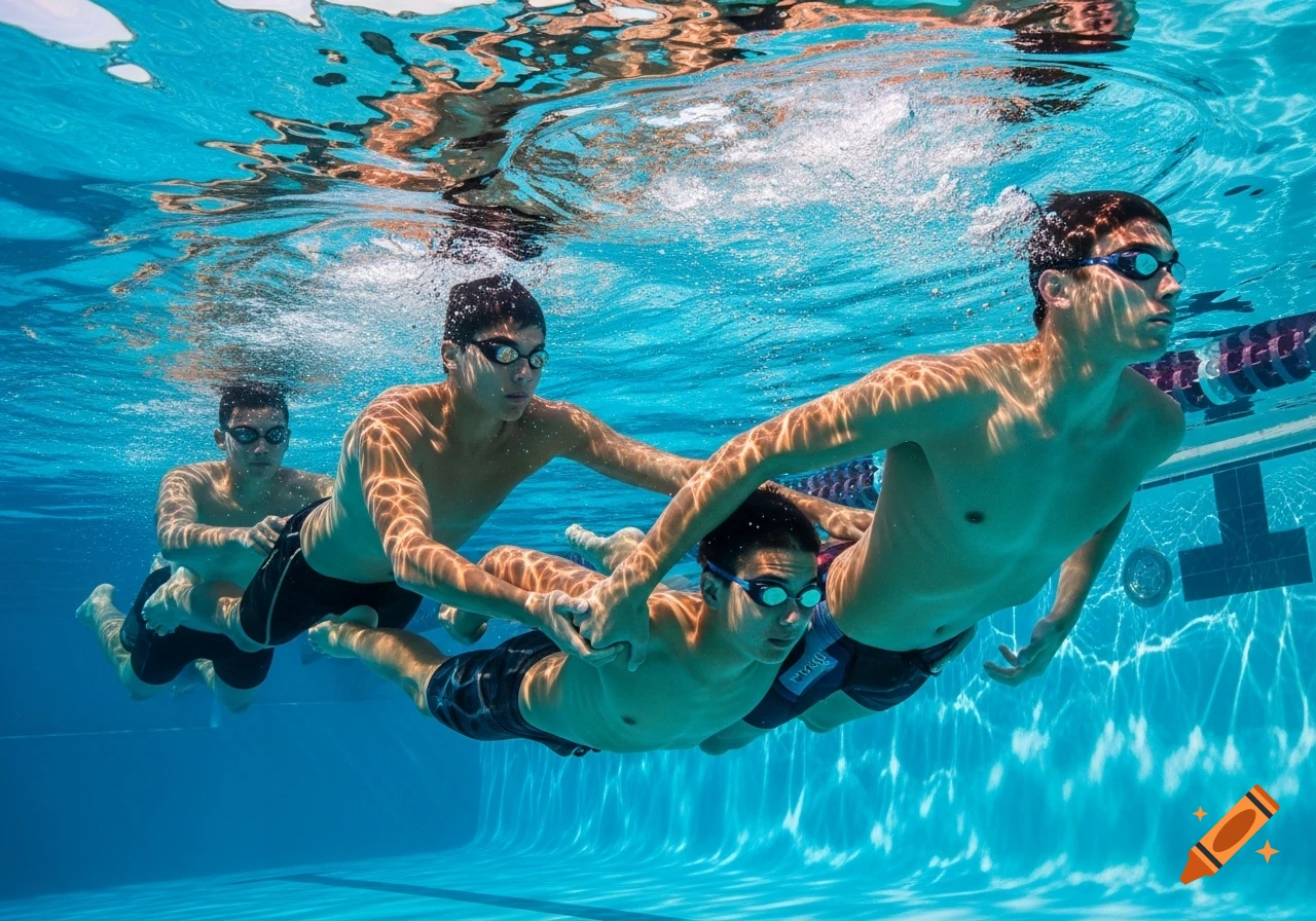 Photorealistic image of four teenage swim team boys in goggles and trunks, swimming together deep underwater in a sunlit pool.