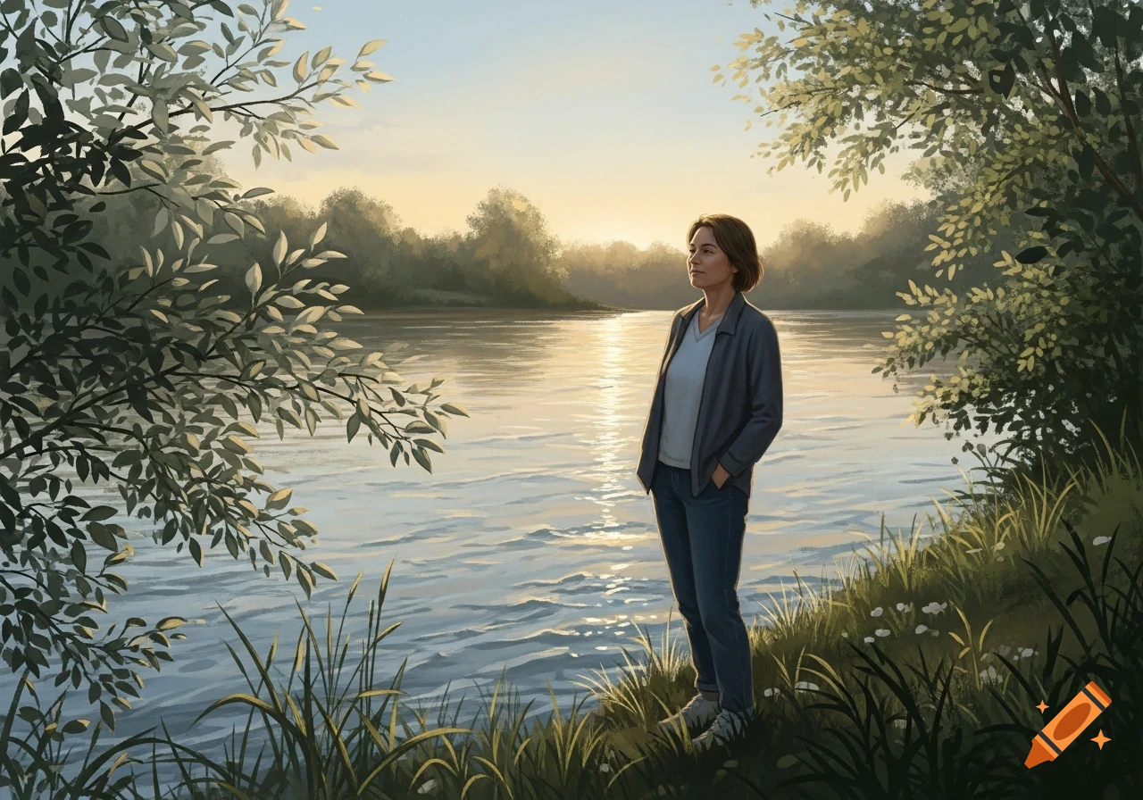 A woman stands by a river at sunset, surrounded by trees, in a ...