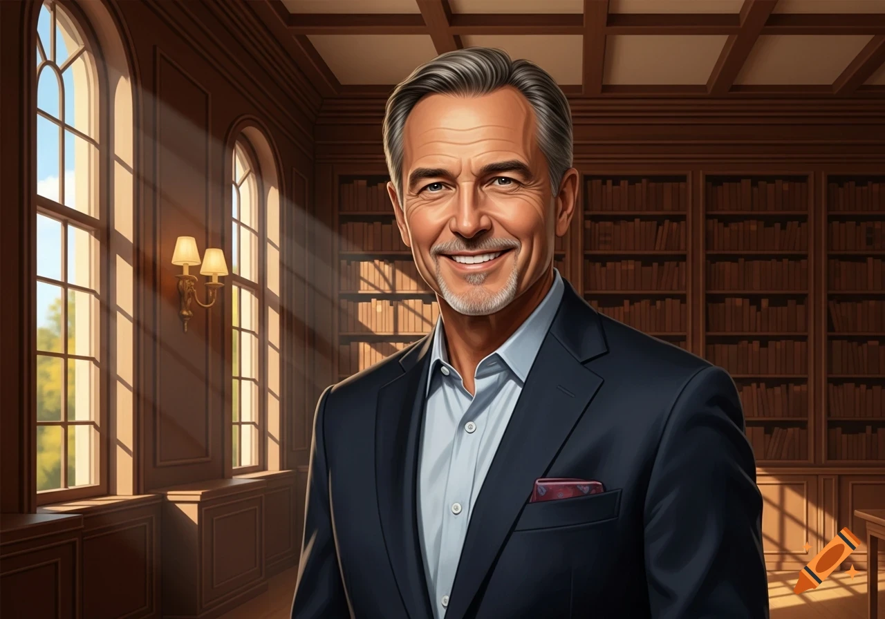 A smiling, gray-haired gentleman in a suit stands in a sunlit library with bookshelves and large windows.