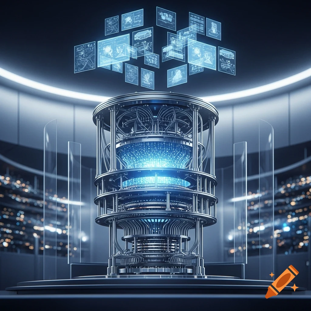 A large, intricate, metallic quantum computer glows blue, surrounded by floating holographic screens displaying schematics in a futuristic lab.