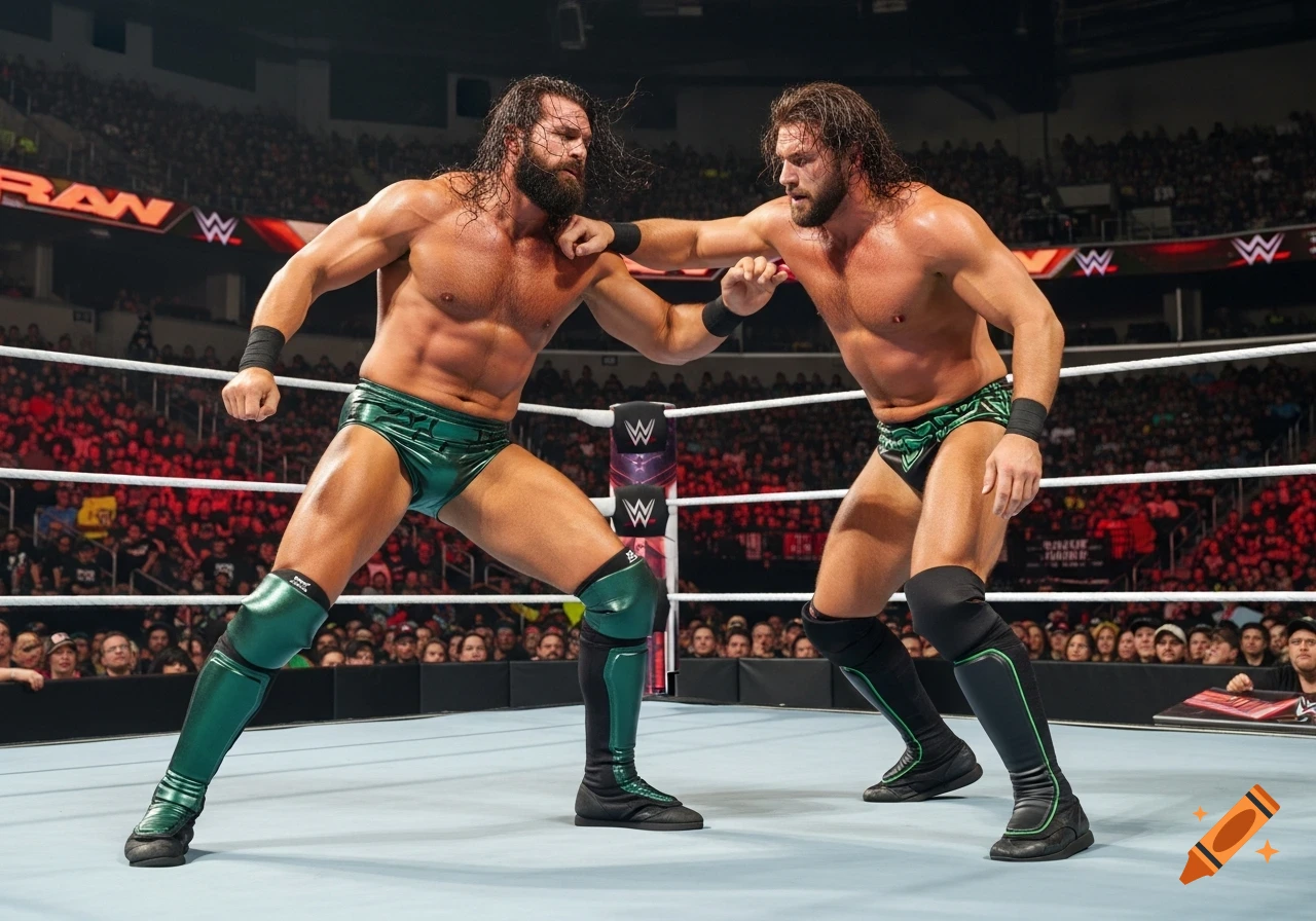 Two male wrestlers in green and black attire grapple in a WWE ring before a crowd.