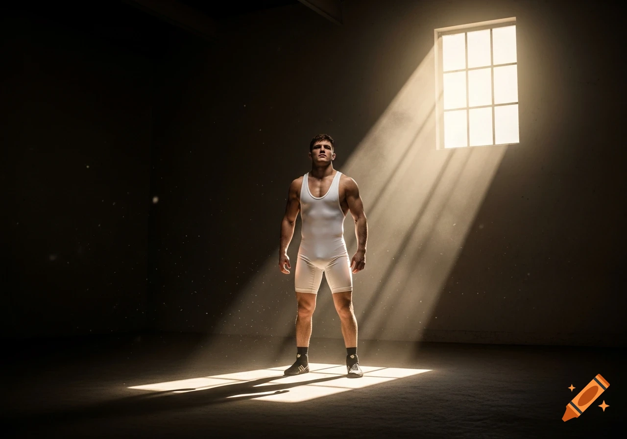 Muscular male wrestler in a white singlet stands in a dark room, bathed in dramatic sunlight from a window.