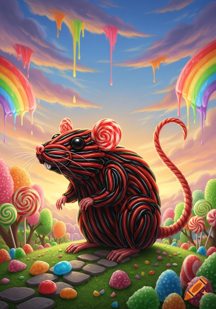 A whimsical illustration of a rat made of red and black licorice with lollipop ears, sitting in a candy land with rainbows and melting candy in the sky.