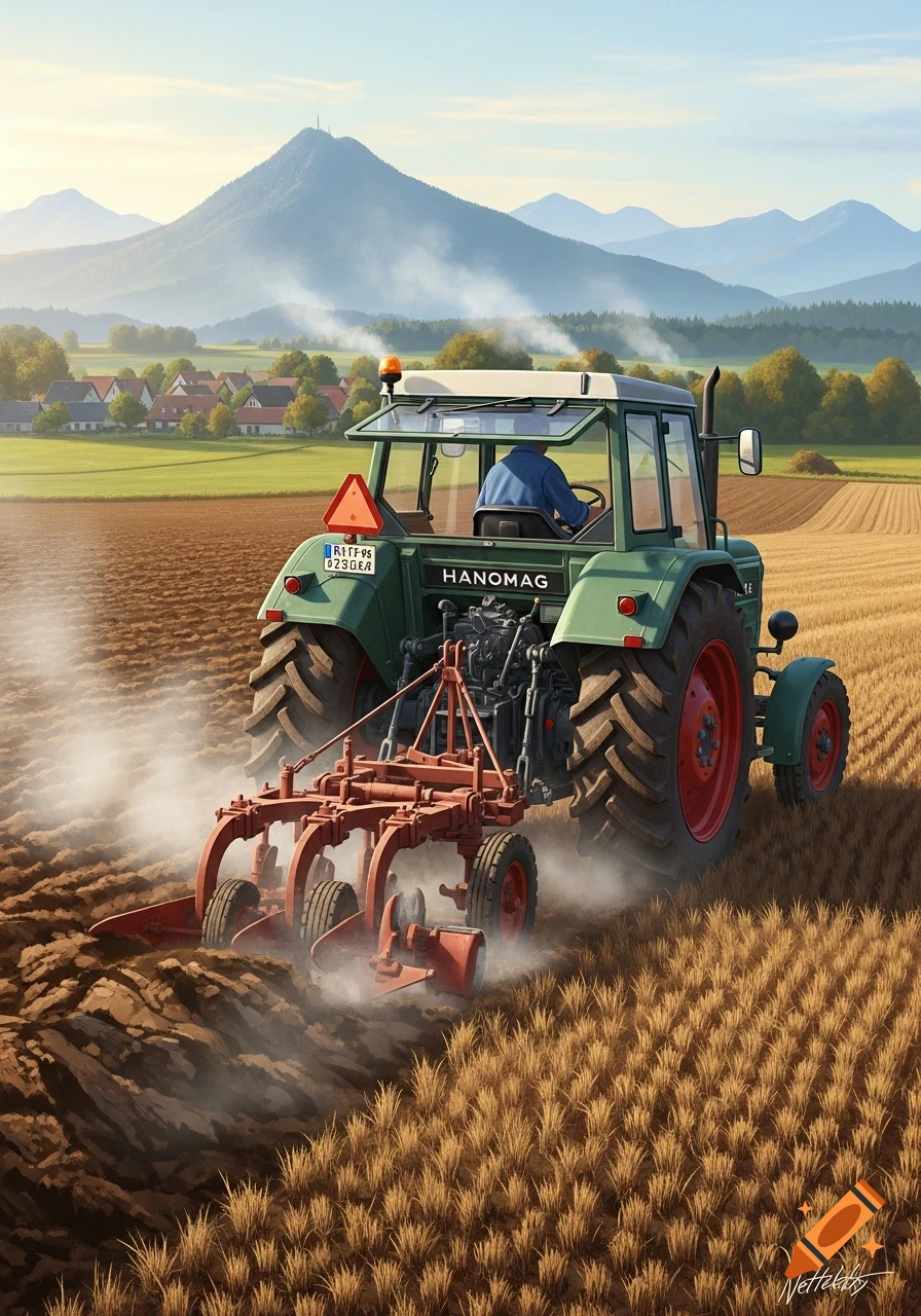 A green Hanomag tractor pulls a red plow through a brown field, turning up soil. Mountains, a village, and a golden field are in the background under a blue sky.
