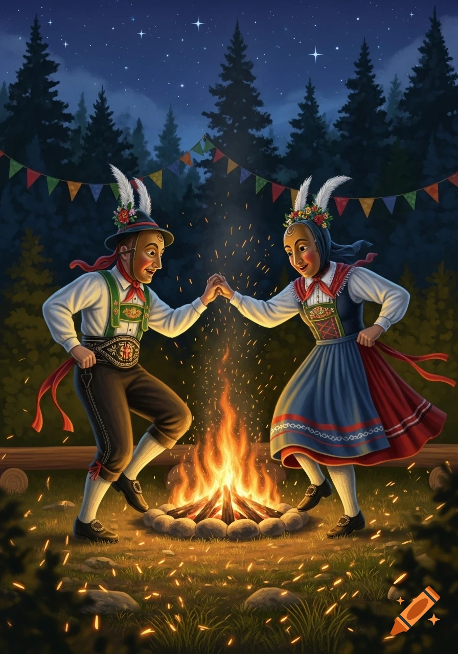 Masked figures in traditional costumes dance around a bonfire in a dark forest with stars and colorful bunting.