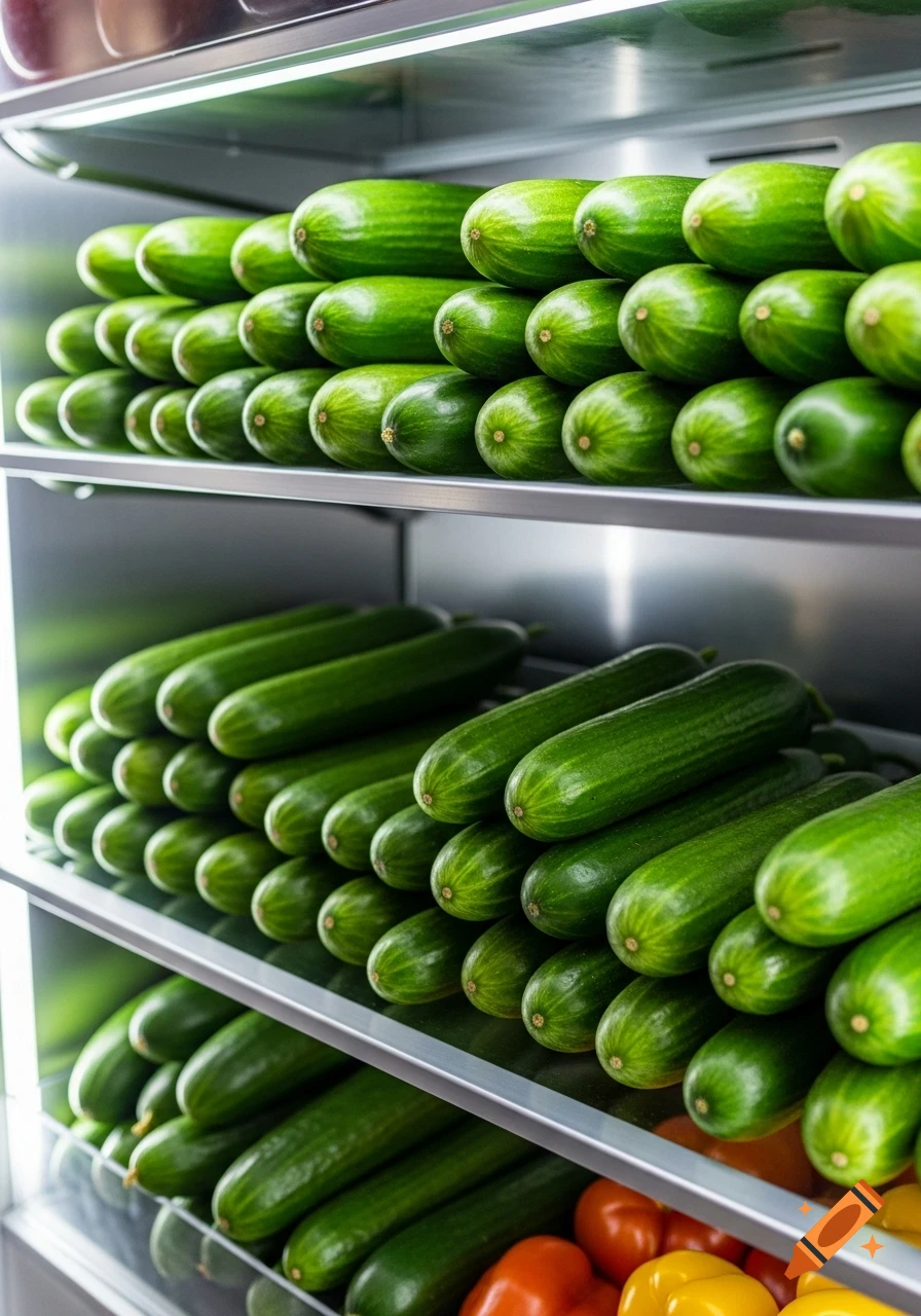 Numerous green cucumbers are neatly stacked on multiple shelves inside a brightly lit refrigerator, with other vegetables visible below.