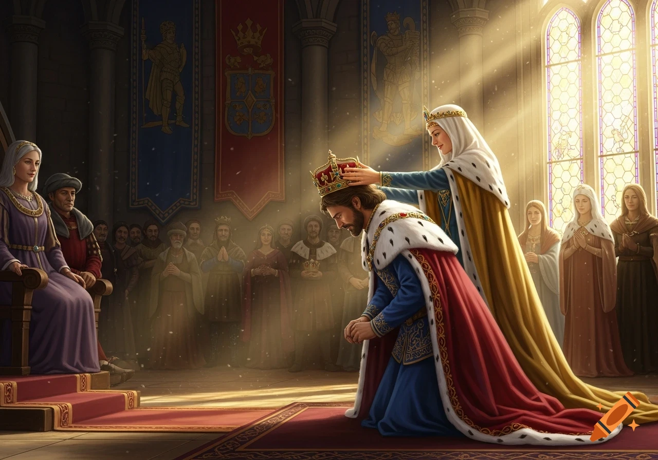 A queen crowns a kneeling king in a grand castle hall, bathed in light from stained glass windows, surrounded by onlookers.