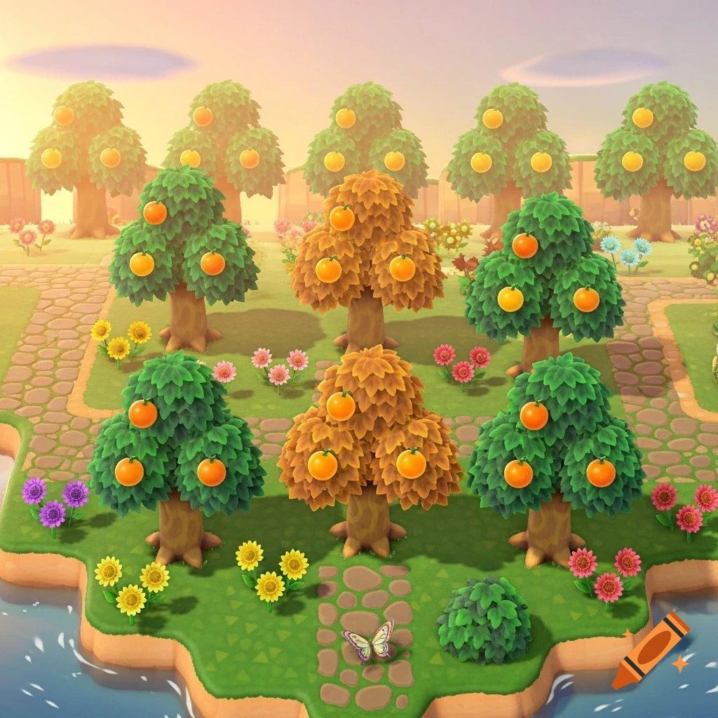 A vibrant, cartoonish Animal Crossing landscape with fruit trees, flowers, stone paths, a butterfly, and a river at sunset.