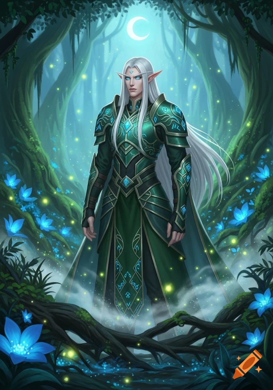 Male elf with white hair and blue eyes, in glowing green armor, stands in a magical forest with blue flowers and a crescent moon.
