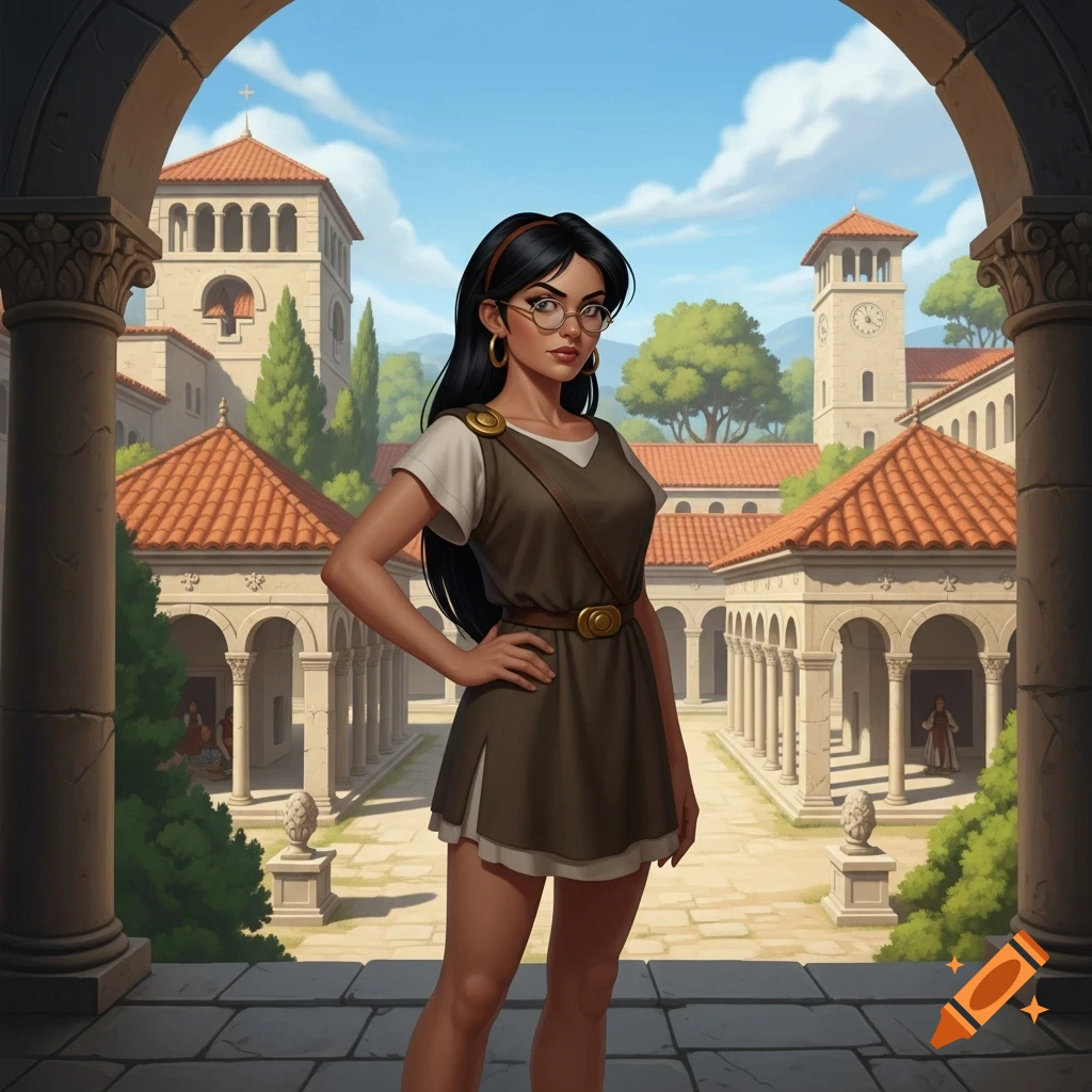 An illustrated woman with dark hair and glasses, wearing a brown tunic, stands under a Roman archway in a courtyard.