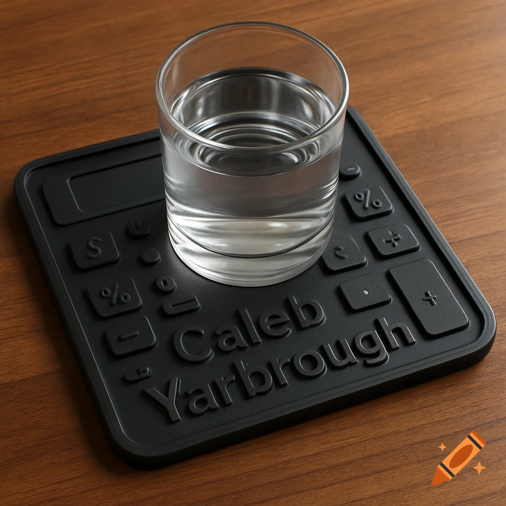 A black calculator-shaped drink coaster with "Caleb Yarbrough" embossed, holding a glass of water on a wooden table. Photorealistic.