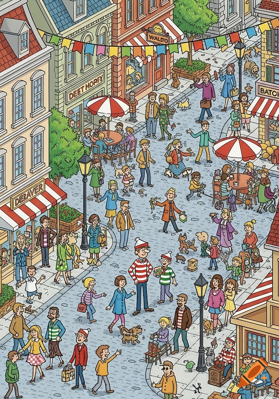An isometric cartoon illustration of a busy street scene with many people, shops, and a character resembling Waldo in a crowd.