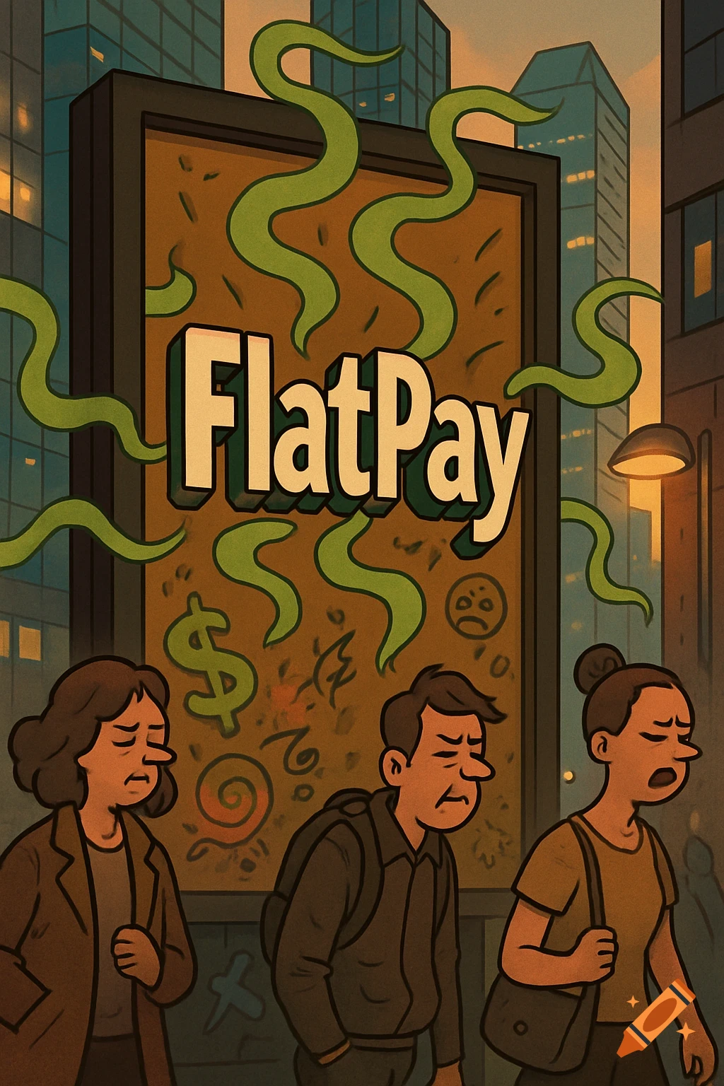 Cartoon of sad people walking past a 'FlatPay' billboard with stink lines and sad faces in a city at sunset.