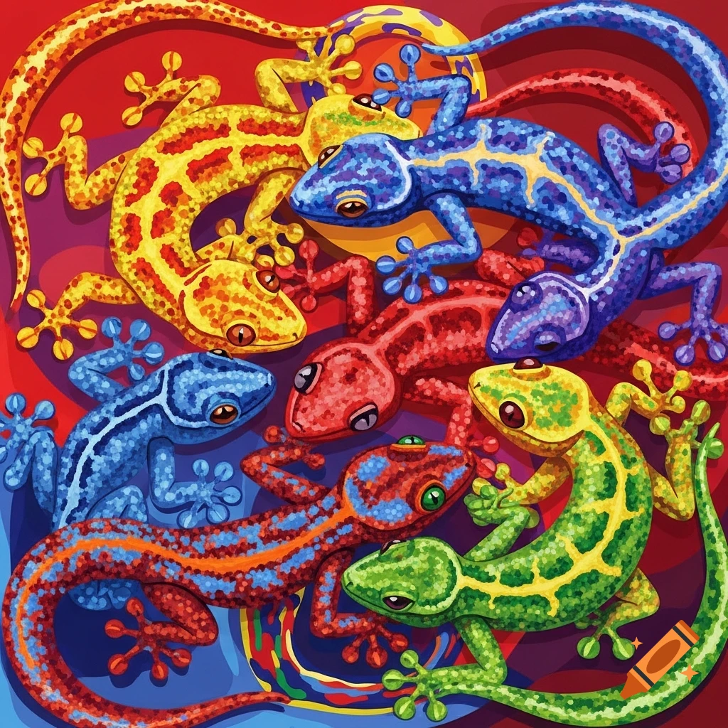 Seven vibrant, abstract geometric geckos with diverse patterns intertwined in a colorful square composition.
