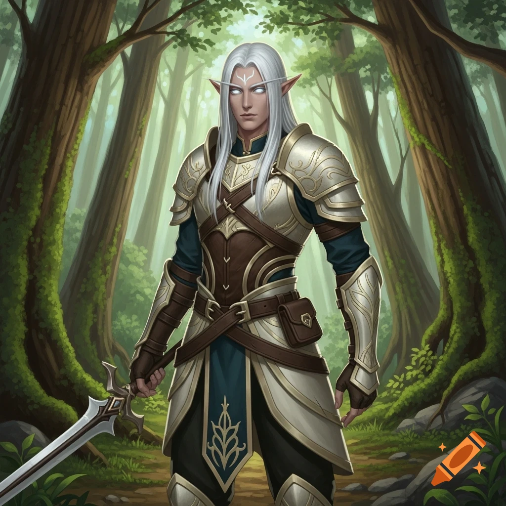 A white-haired male elf in elaborate armor with glowing white eyes stands in a lush forest, holding a sword in an illustrative fantasy art style.