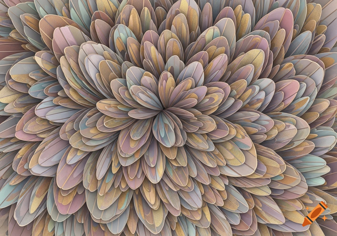 A close-up of an abstract pattern formed by overlapping, pastel-colored, feather-like shapes with gold speckles.