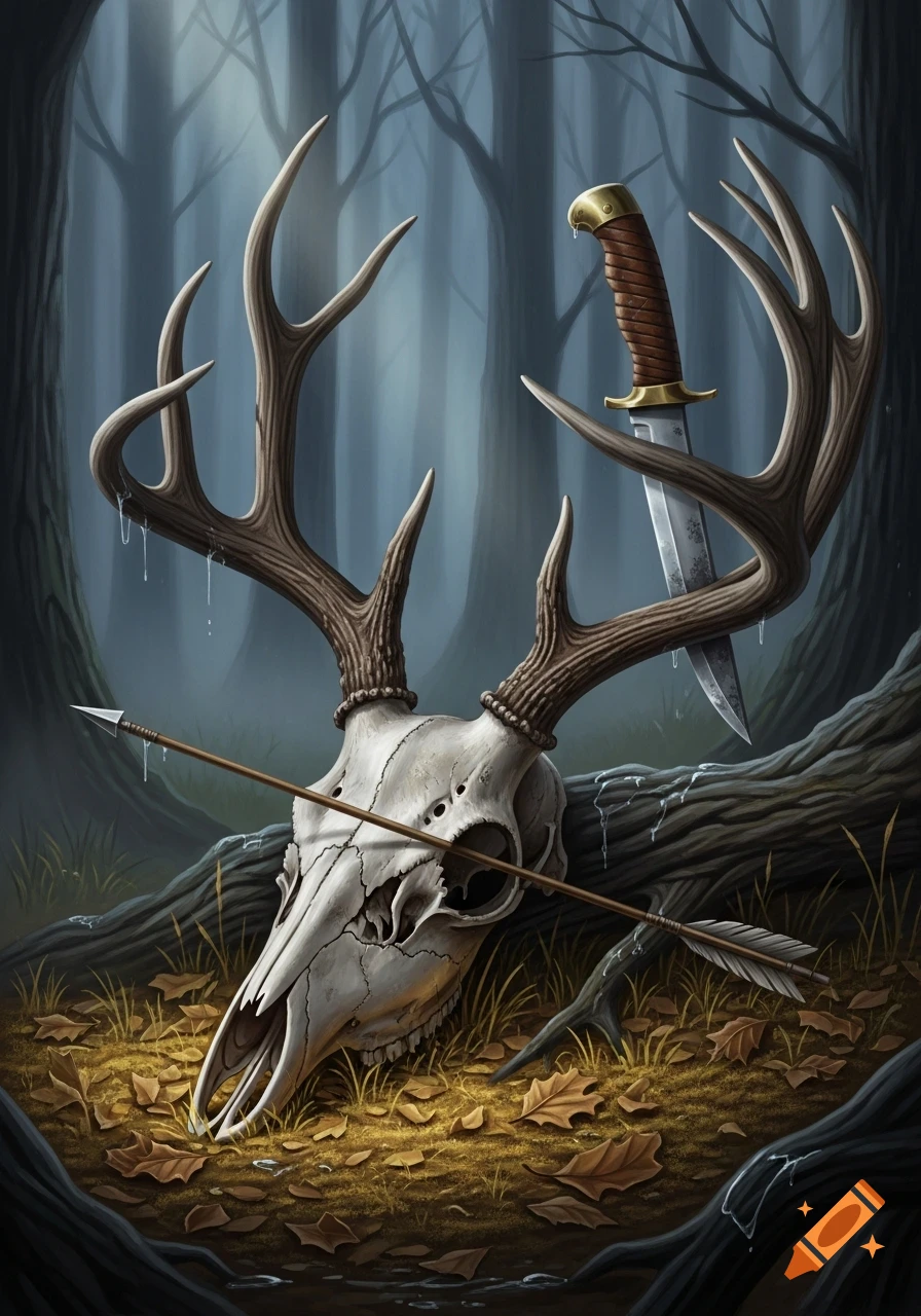A stylized deer skull with large antlers lies on fallen leaves in a misty forest, pierced by an arrow, with a dagger stuck in an antler.