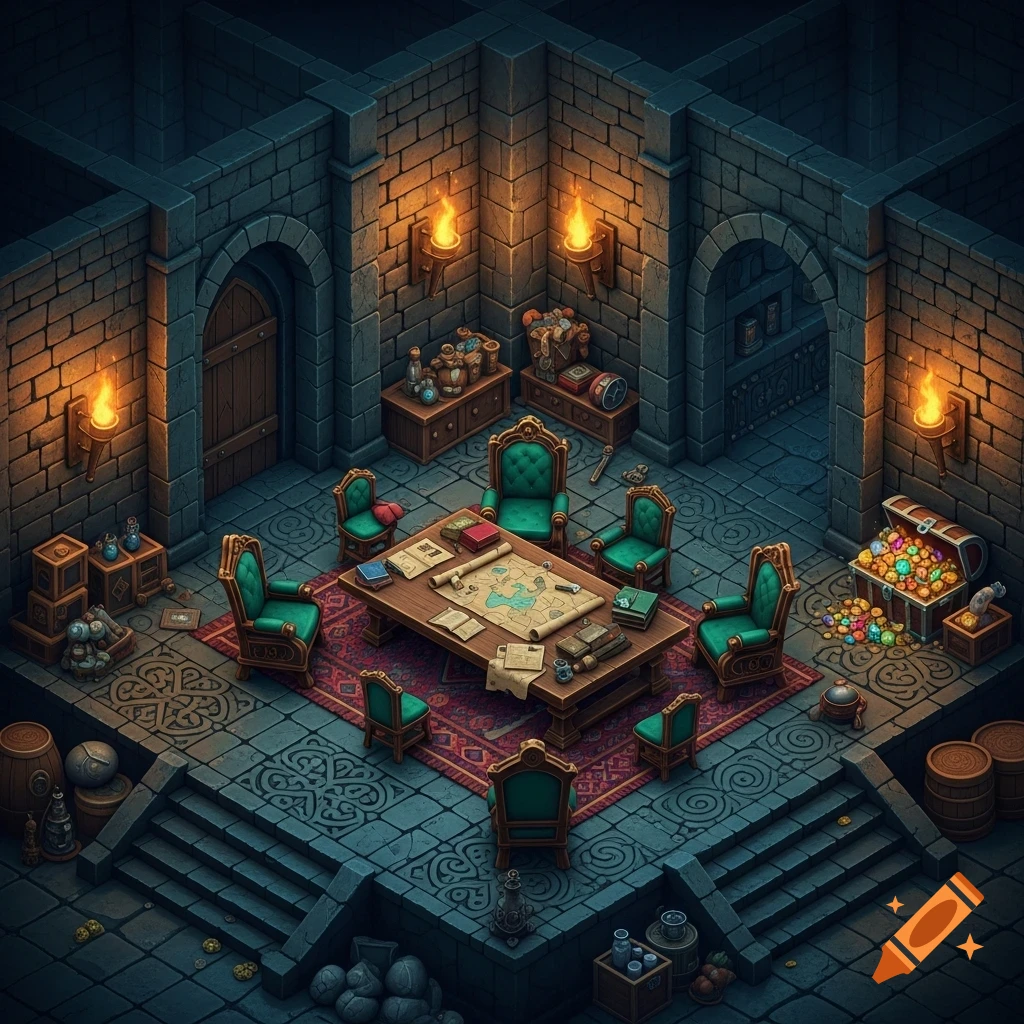 Detailed isometric view of a fantasy dungeon room with a central table, map, chairs, glowing torches, and a treasure chest.
