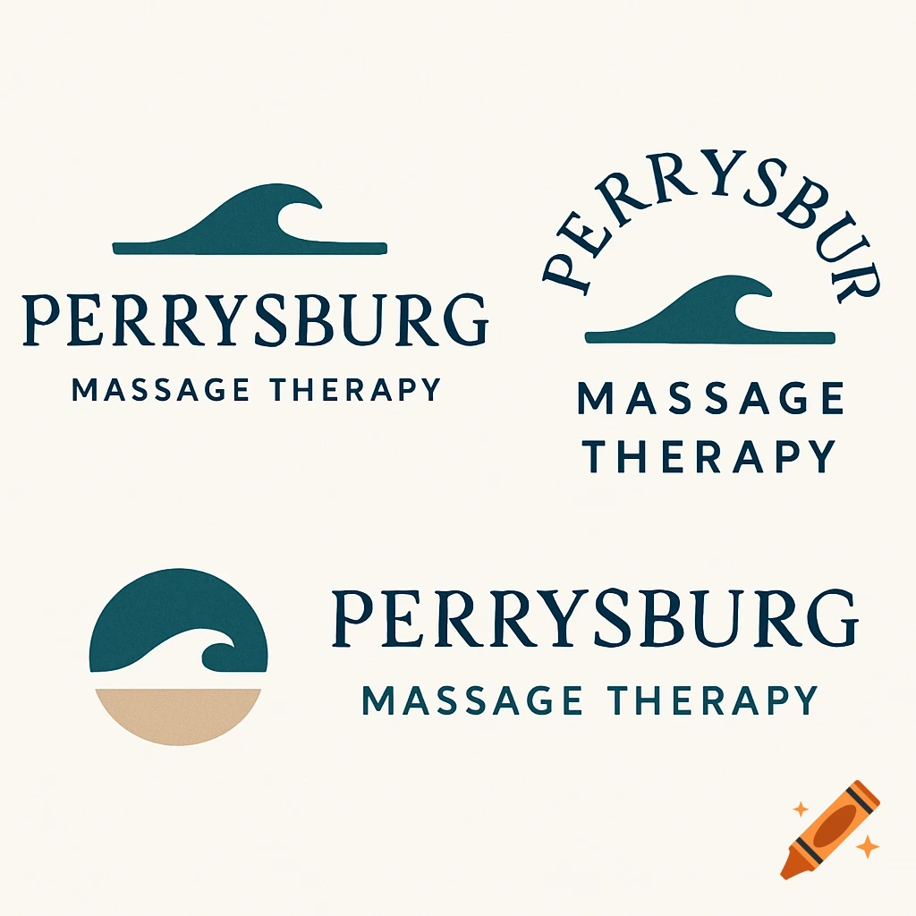 Four variations of a logo for Perrysburg Massage Therapy, featuring abstract teal waves and warm sand elements on a light background.