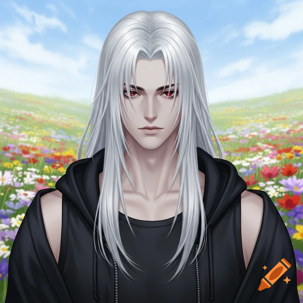 Androgynous anime character with long white hair and red eyes, wearing a black hoodie, stands in a vibrant flower field.