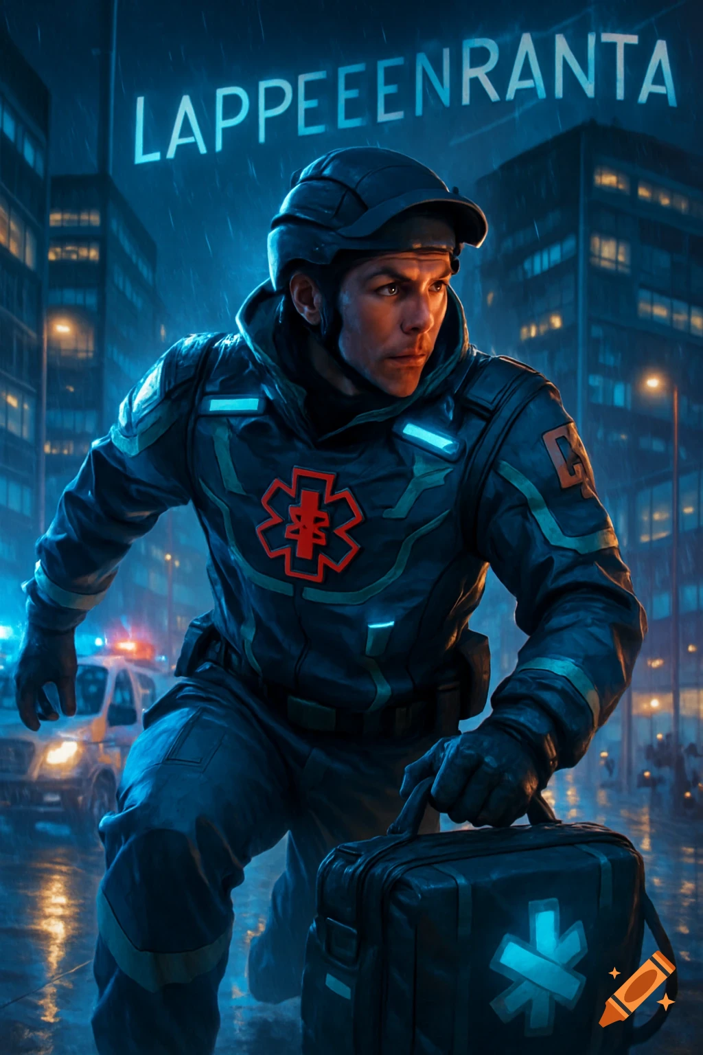 A determined paramedic in uniform carries an emergency bag on a rainy city street at night, with an emergency vehicle and "LAPPEENRANTA" text overhead.