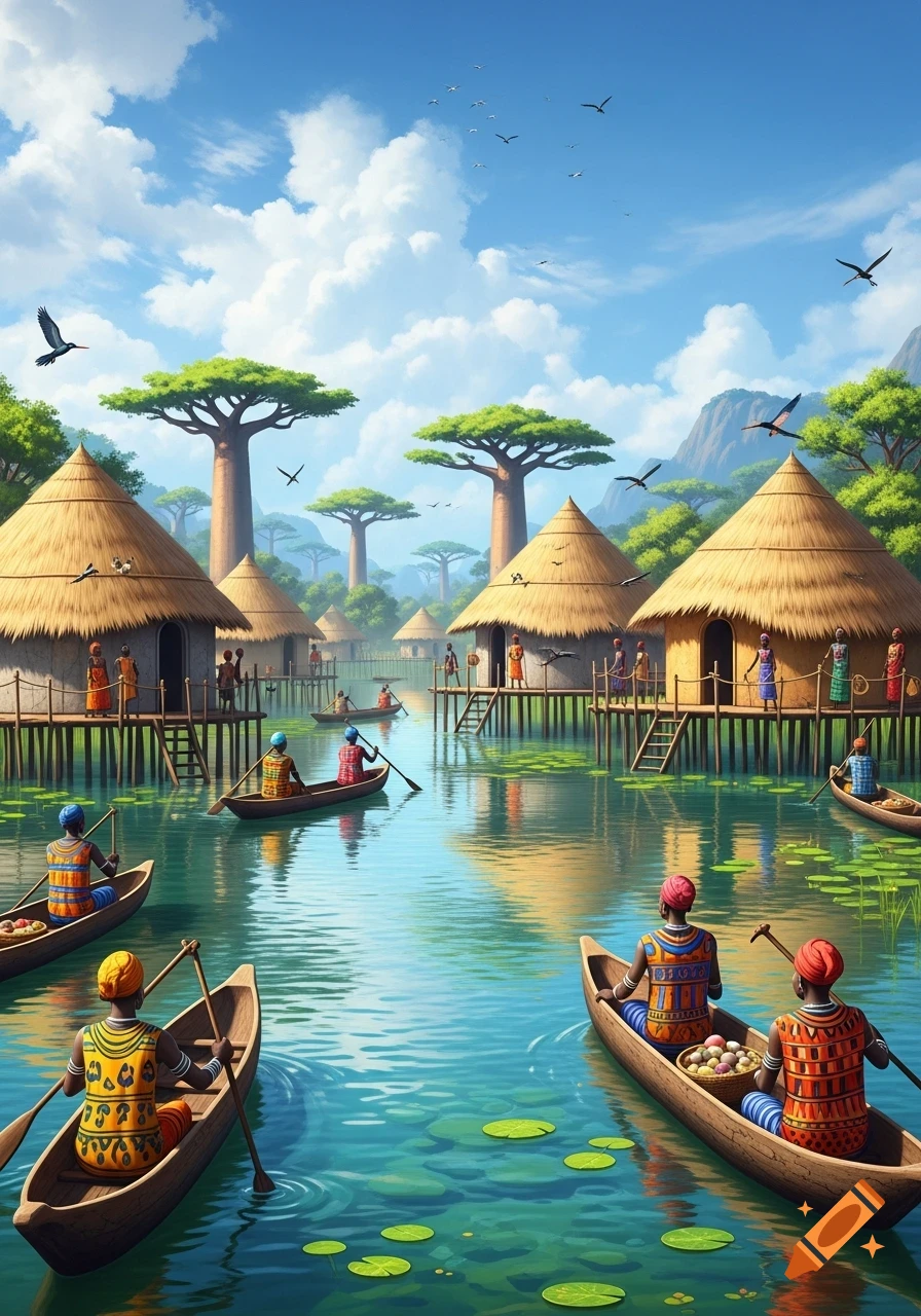 Vibrant illustration of an African water village with people in canoes paddling between stilt huts and baobab trees under a blue sky.
